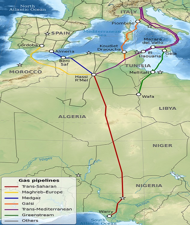 Gas pipelines across the Sahara and the Mediterranean (Semhur | Wikimedia Commons)