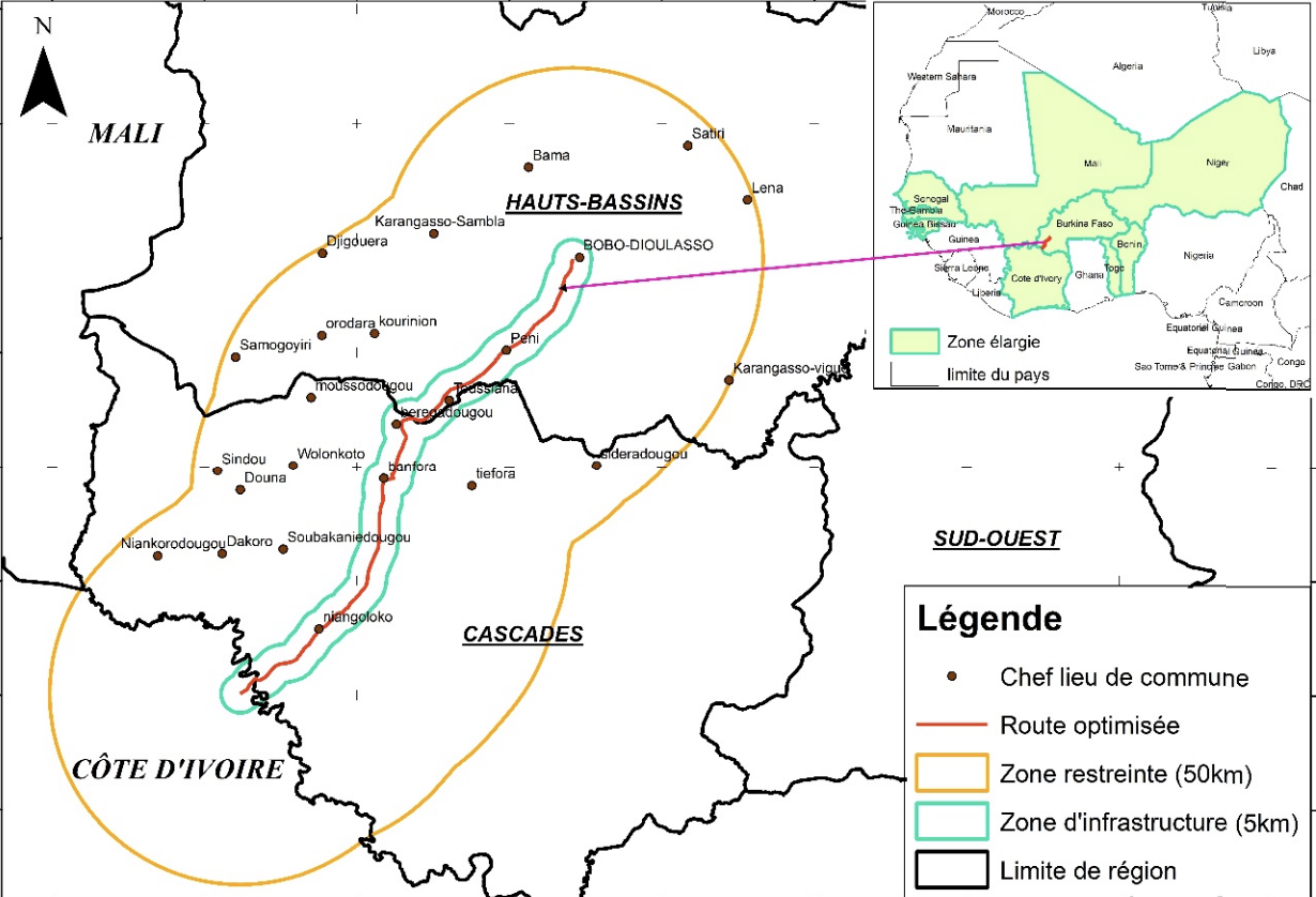 Bobo-Dioulasso-Cote d’Ivoire border road map Source: Project ESIA report, January 2024