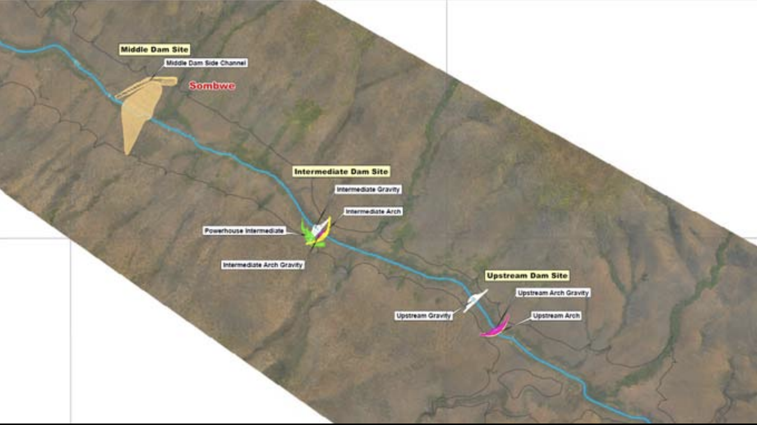  Map showing the location of possible dam sites for the Sombwe hydropower project