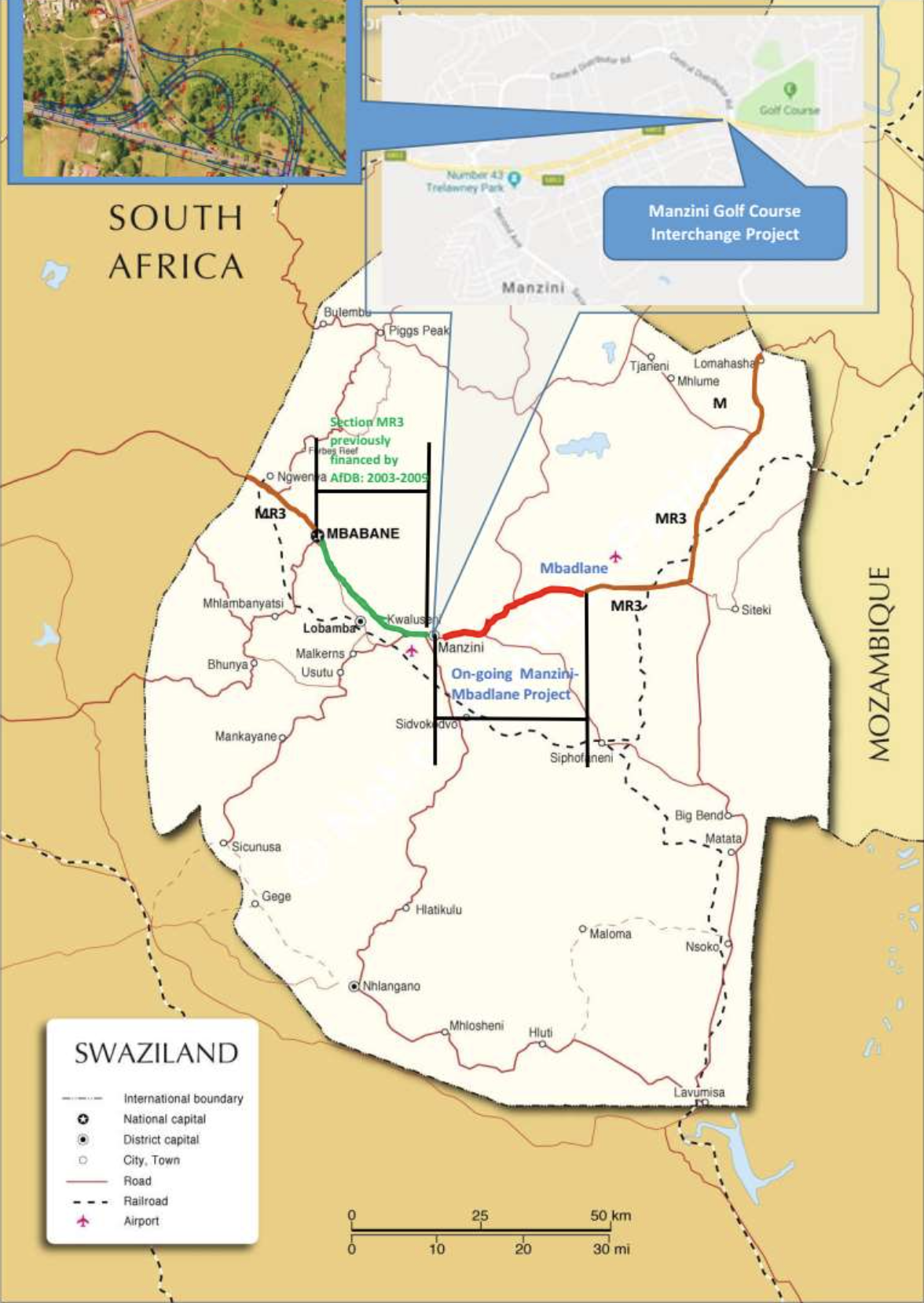 Map showing MR3 and Manzini Golf Course Interchange