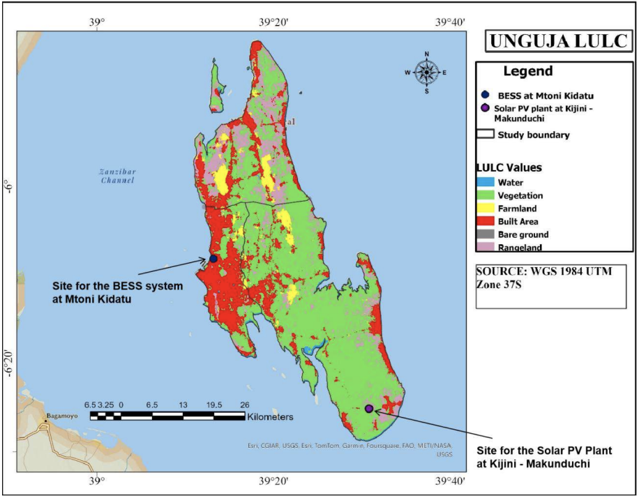 Map showing locations of proposed solar PV plant and BESS in Zanzibar