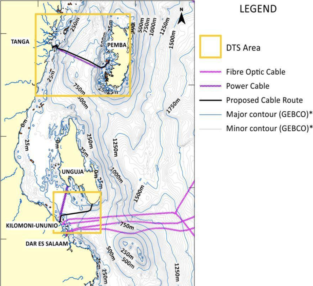 Overview of the submarine cable routes from Tanzania to Zanzibar