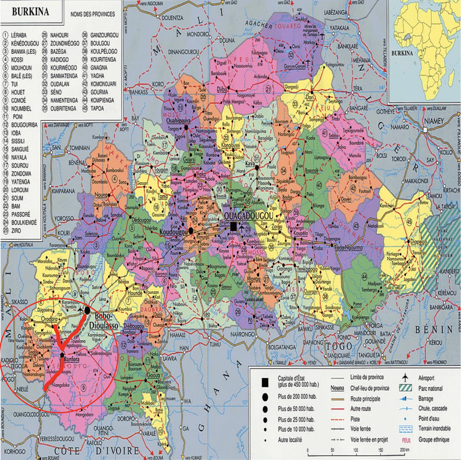 Map showing the Bobo-Dioulasso-Banfora-Mali border road