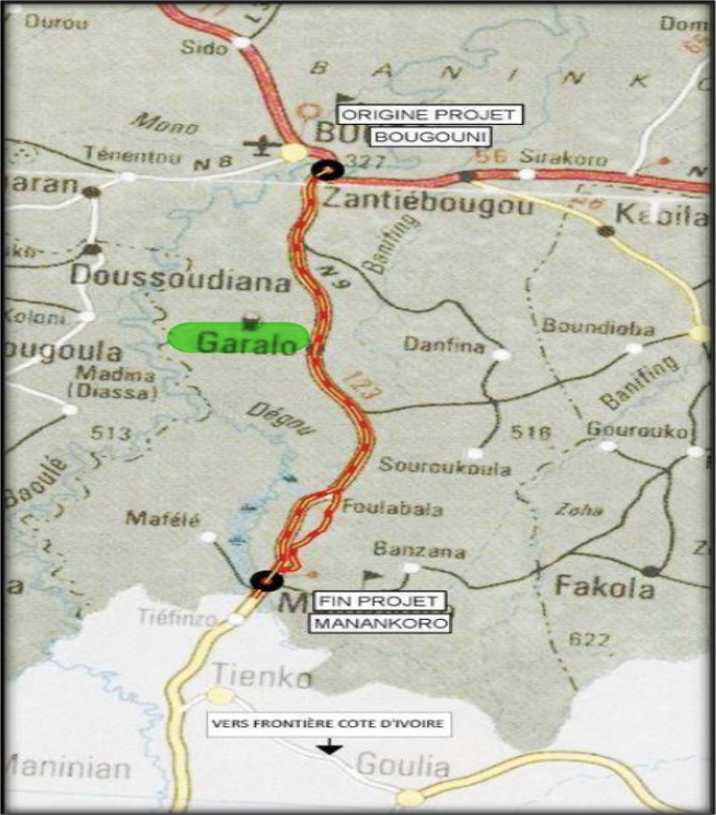 Map showing Bougouni-Garalo-Manankoro-Cote d'Ivoire border road