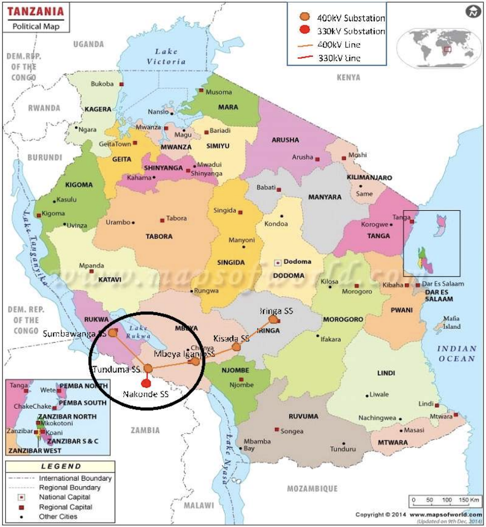 Map showing Tanzanian portion of Tanzania-Zambia power interconnector