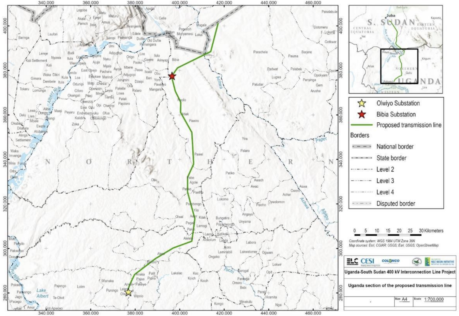 Map showing Ugandan section of Uganda-South Sudan power interconnector project  Source: Project ESIA report, August 2024