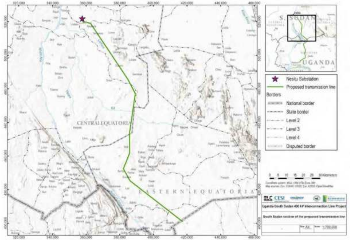 Map showing South Sudan section of Uganda-South Sudan power interconnector project  Source: Project ESIA report, July 2024