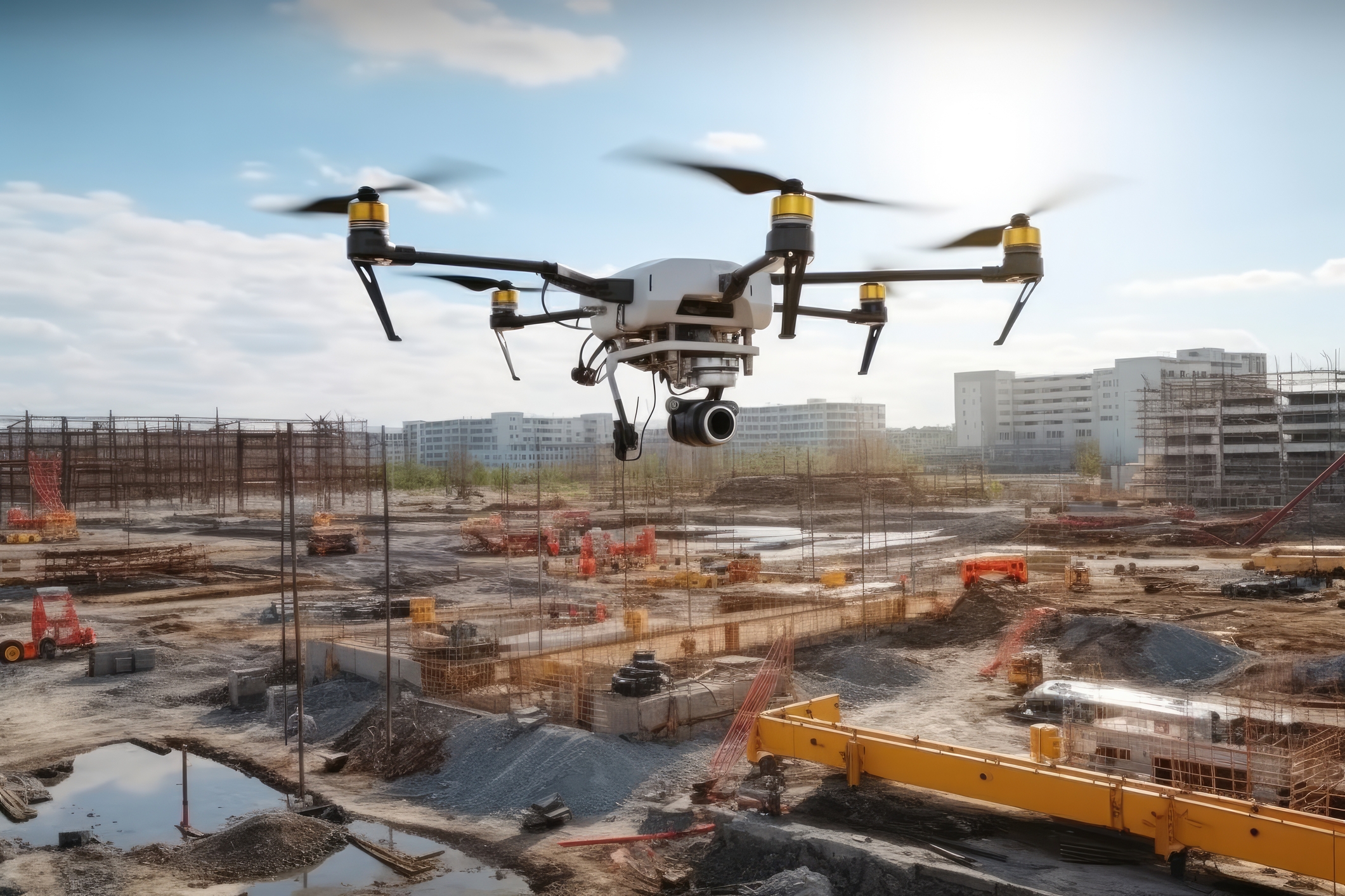 Drone flying and undertaking aerial survey on construction site 