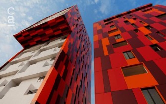 Close-up of Red Kente-patterned facade on completed 17 storey Azure Tower showing facade installed underneath cantilever floor (livinspaces.net)