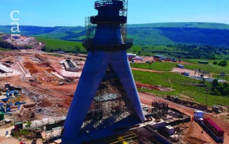 The south pylon structure with formwork and steel fixing activities for spire lift in November 2022.